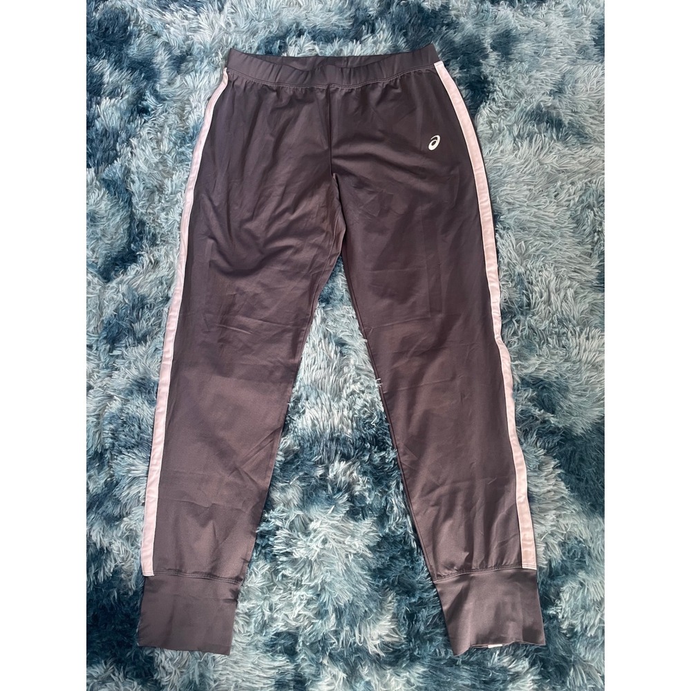 Asics Gray Athletic Track Pants White Stripe Snap Cuff‎ Womens Large
